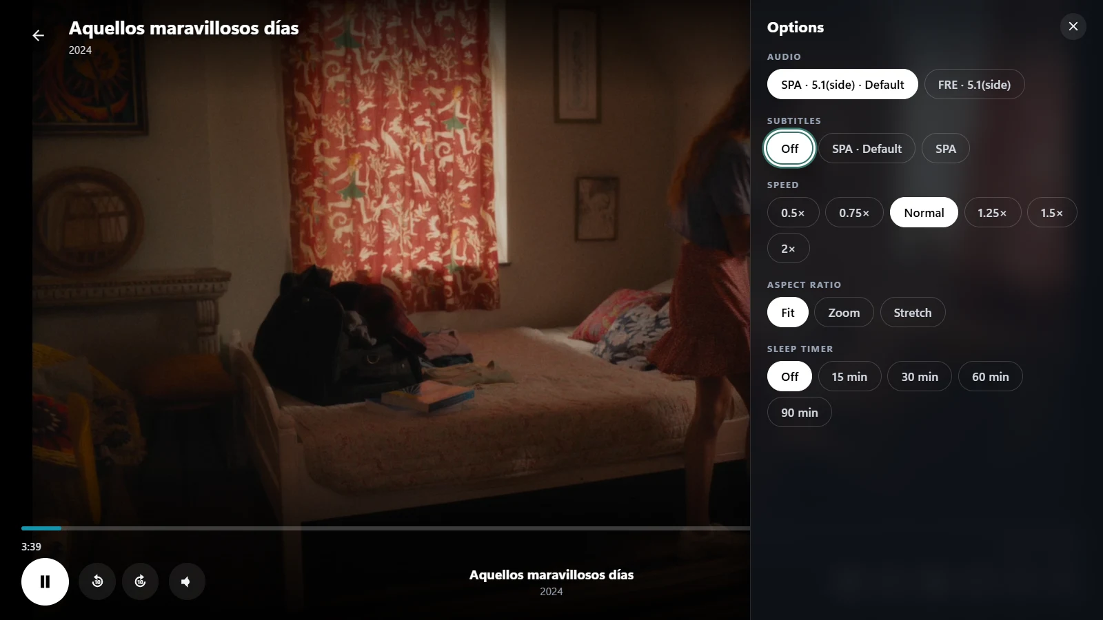 Options: audio, subtitles, sync, speed, aspect and sleep timer